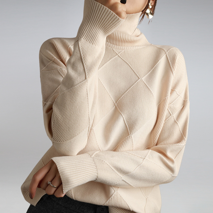 Women's geometric diamond turtleneck jumper with long sleeves and ribbed trims