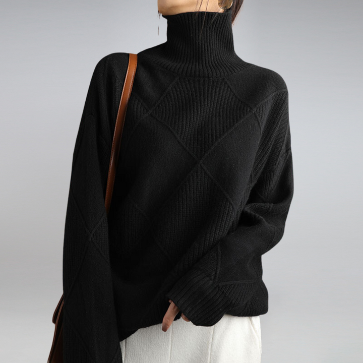 Women's geometric diamond turtleneck jumper with long sleeves and ribbed trims