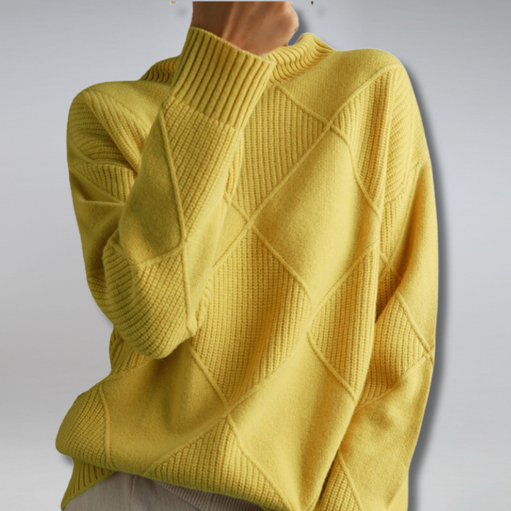 Women's geometric diamond turtleneck jumper with long sleeves and ribbed trims