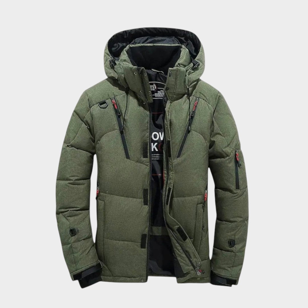Men's hooded quilted jacket with zip front, long sleeves and multiple pockets