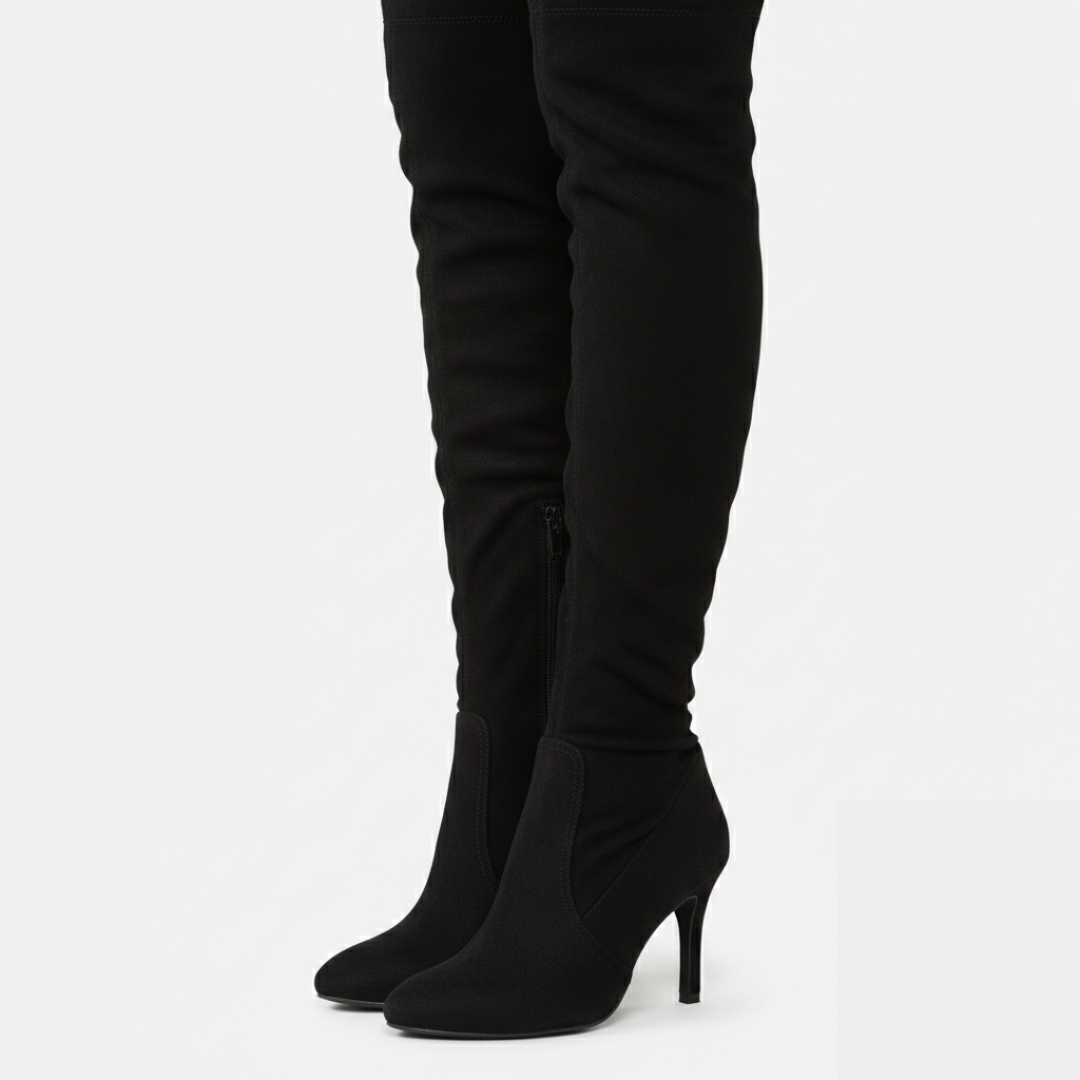 Women's over-the-knee boots with block heel and rounded toe in black suede, paired with a green velvet dress.