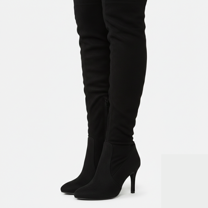 Women's over-the-knee boots with block heel and rounded toe in black suede, paired with a green velvet dress.