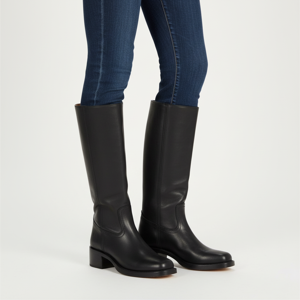 Women's knee-high boots with panelled shafts, rounded toes and block heels
