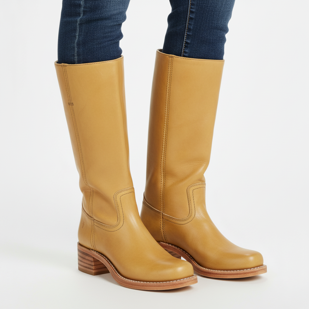 Women's knee-high boots with panelled shafts, rounded toes and block heels