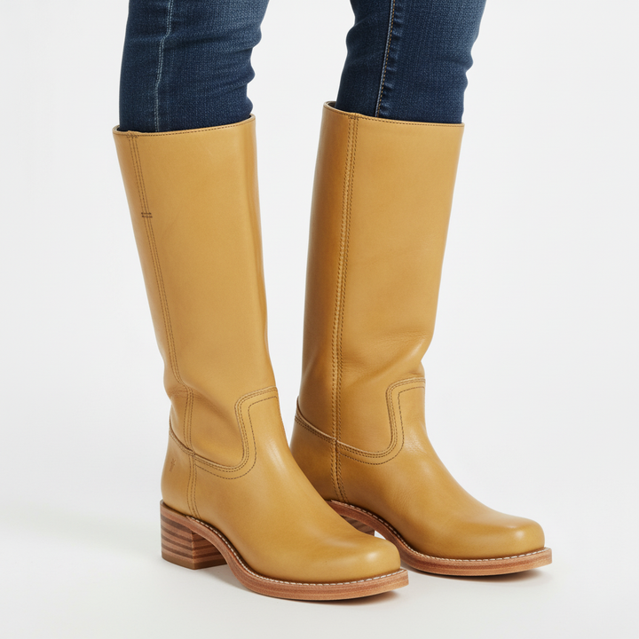 Women's knee-high boots with panelled shafts, rounded toes and block heels