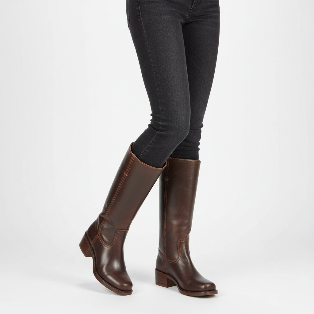 Women's knee-high boots with panelled shafts, rounded toes and block heels