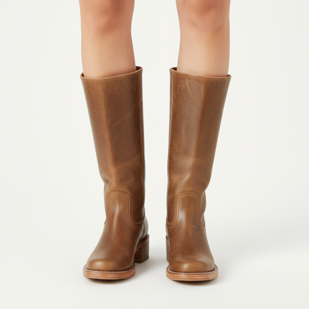 Women's knee-high boots with panelled shafts, rounded toes and block heels