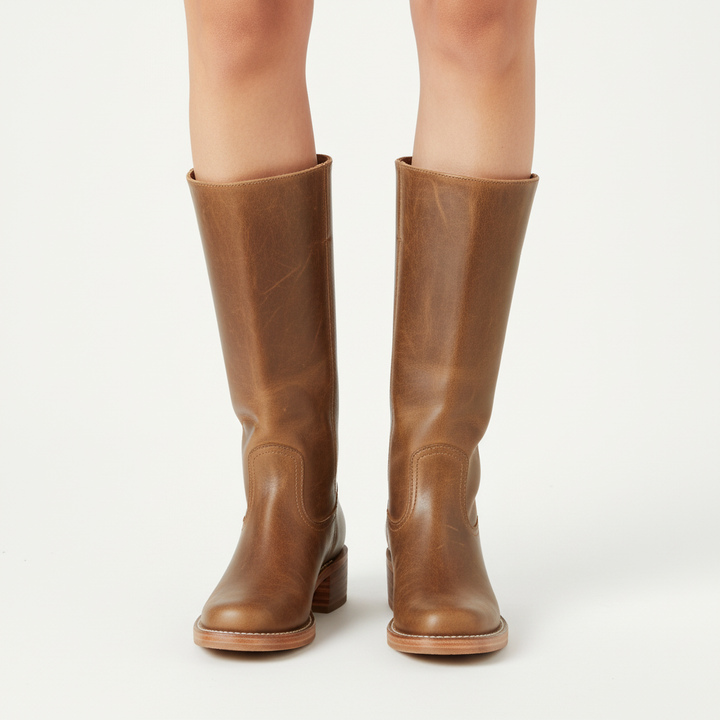 Women's knee-high boots with panelled shafts, rounded toes and block heels