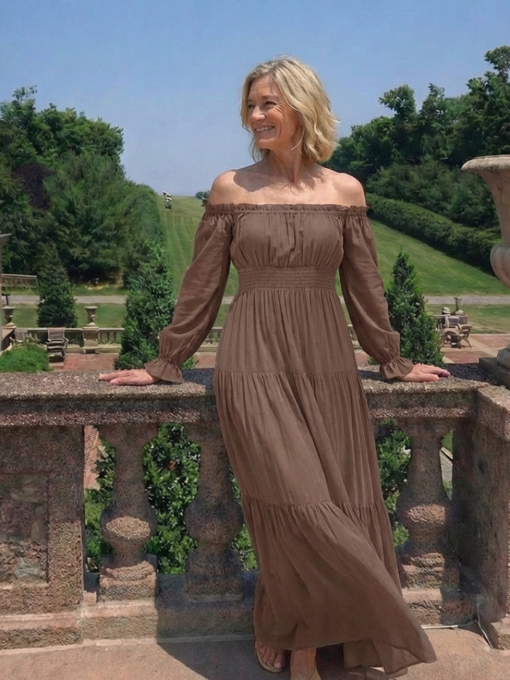 Aveline | Off Shoulder Long Sleeve Smocked Maxi Dress for Women - Image 8