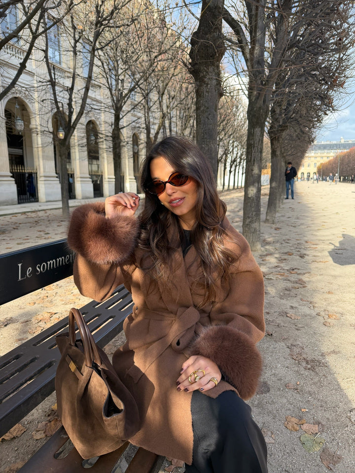 Women's brown long coat with tie belt and fur cuffs