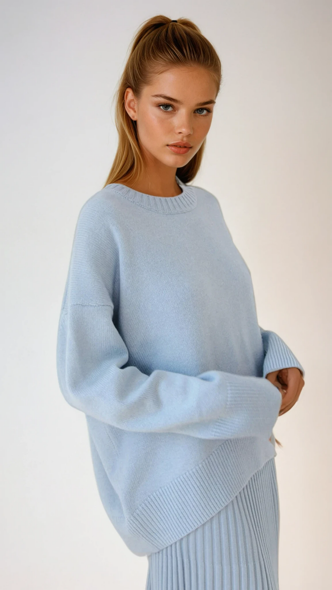Women's oversized crewneck knitted sweater with long sleeves and ribbed trims