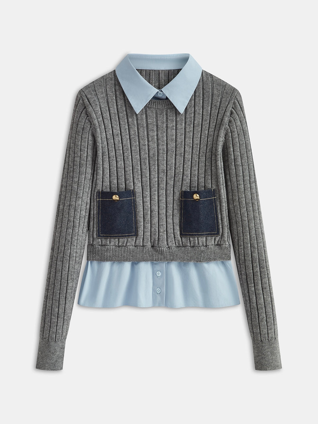 Women's grey ribbed long-sleeve top with collared blue shirt layer and front pockets