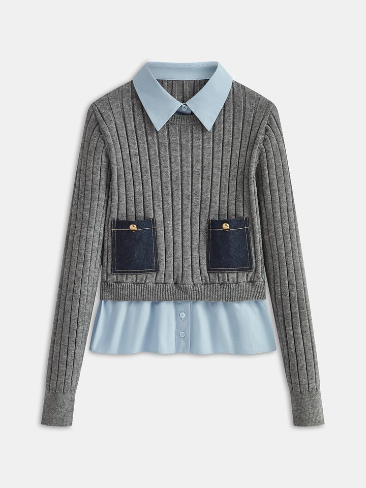 Women's grey ribbed long-sleeve top with collared blue shirt layer and front pockets