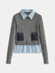 Women's grey ribbed long-sleeve top with collared blue shirt layer and front pockets