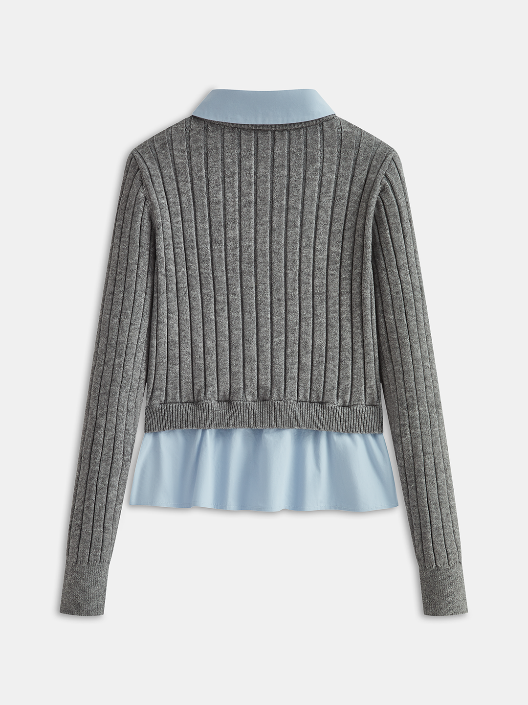 Women's grey ribbed long-sleeve top with collared blue shirt layer and front pockets