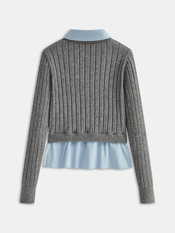 Women's grey ribbed long-sleeve top with collared blue shirt layer and front pockets