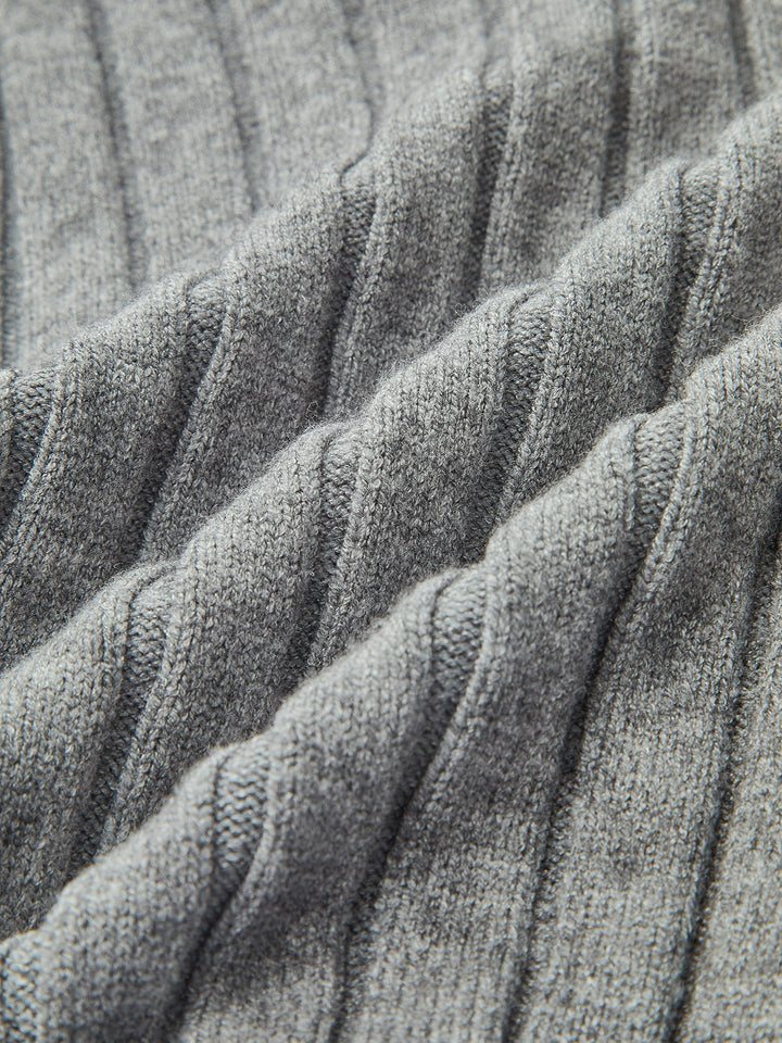 Women's grey ribbed long-sleeve top with collared blue shirt layer and front pockets