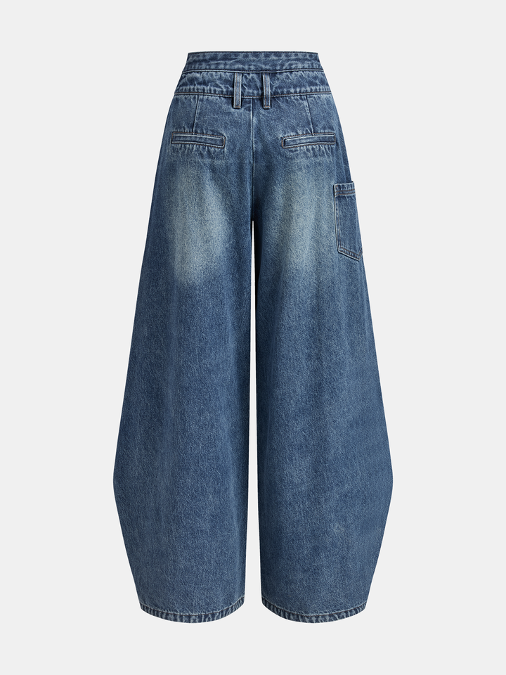 Blue women's cross-front wide-leg cropped jeans with button waistband and cargo pocket