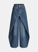 Blue women's cross-front wide-leg cropped jeans with button waistband and cargo pocket