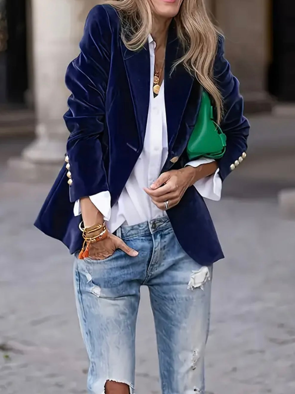 Women's midnight navy velvet blazer with notch collar and button cuffs
