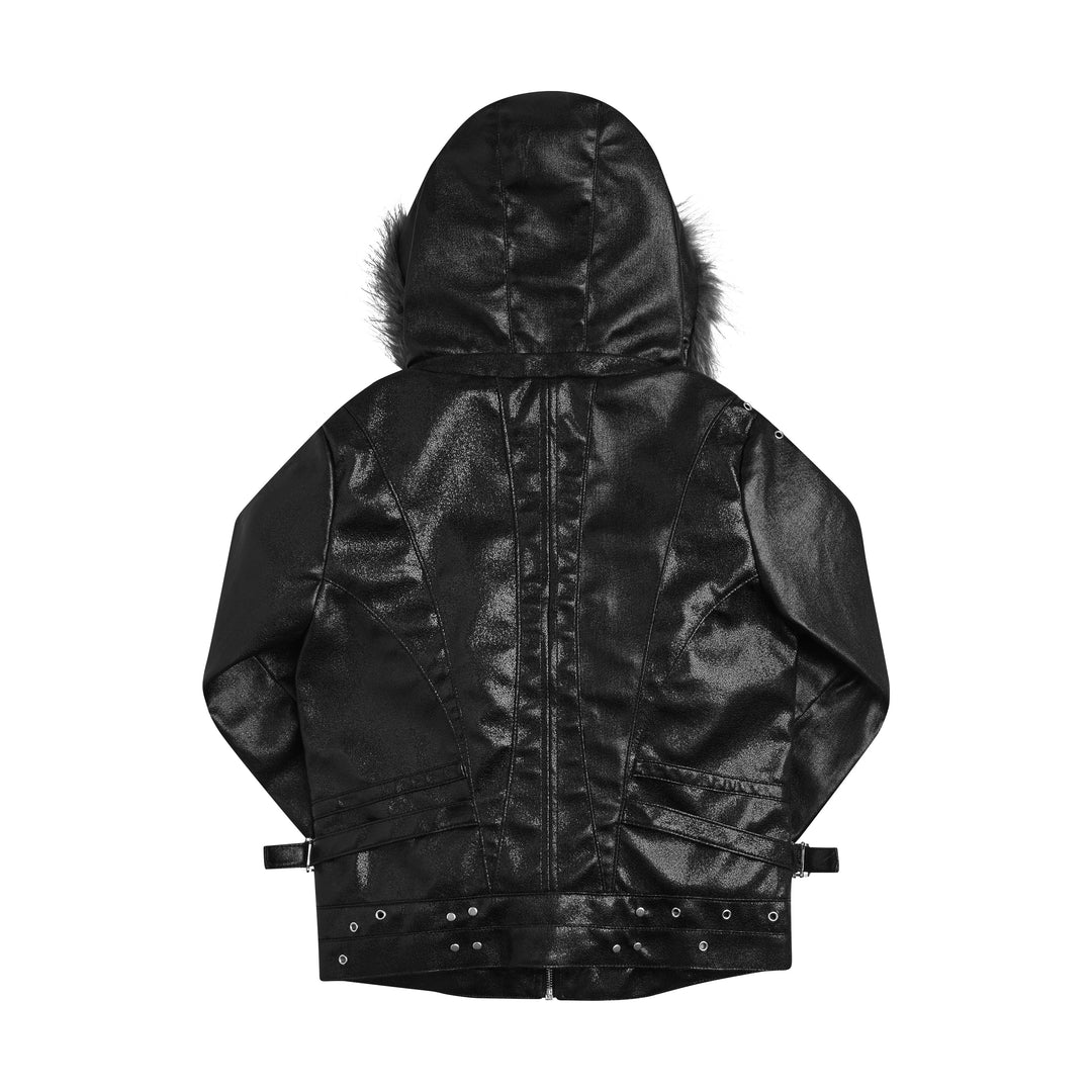 Black hooded jacket with trimmed hood, zip pockets and stud details