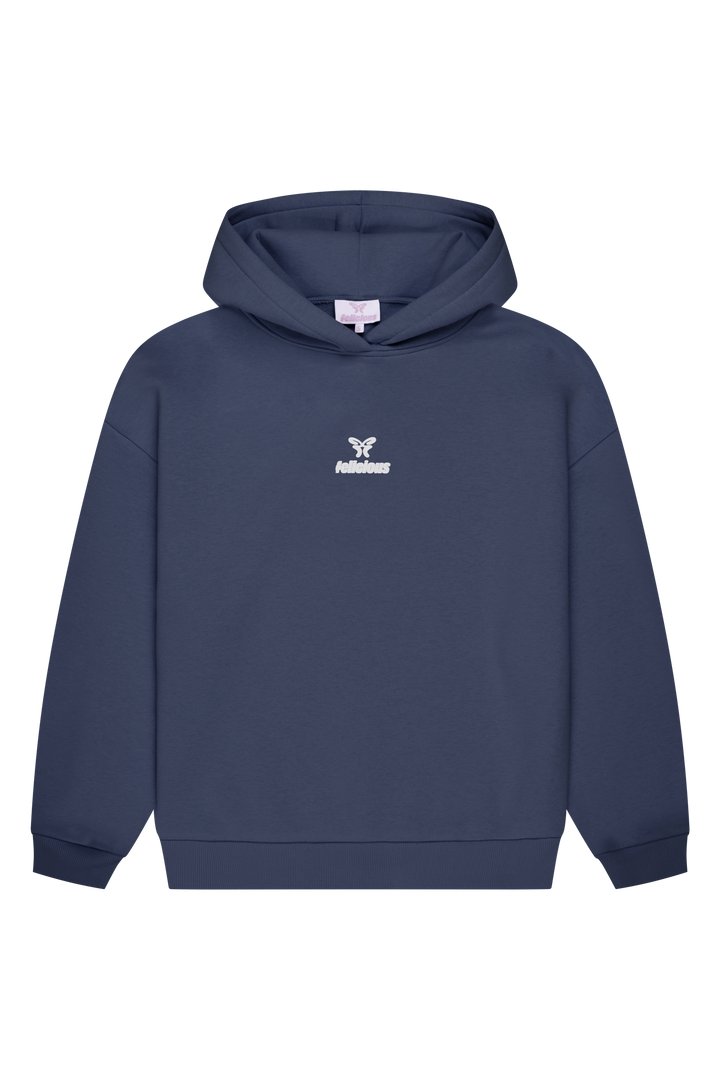 Women's navy hooded sweatshirt with long sleeves, ribbed trims and centre logo