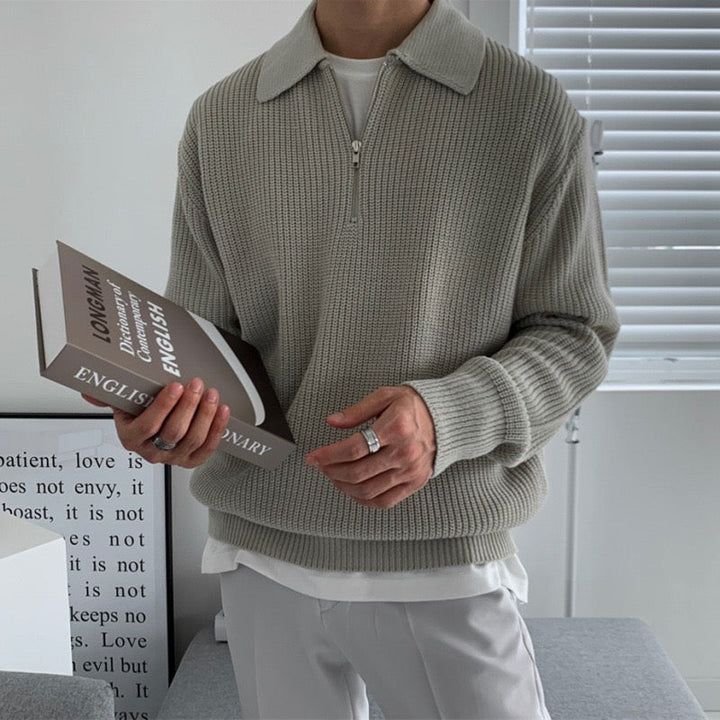 Men's ribbed quarter-zip collared sweater with long sleeves