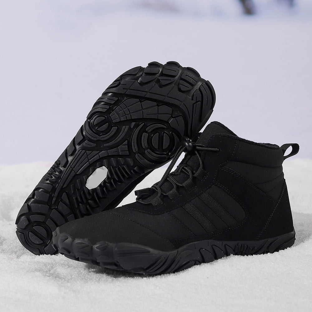 High-top lace-up barefoot boots with rounded toes and textured flat soles