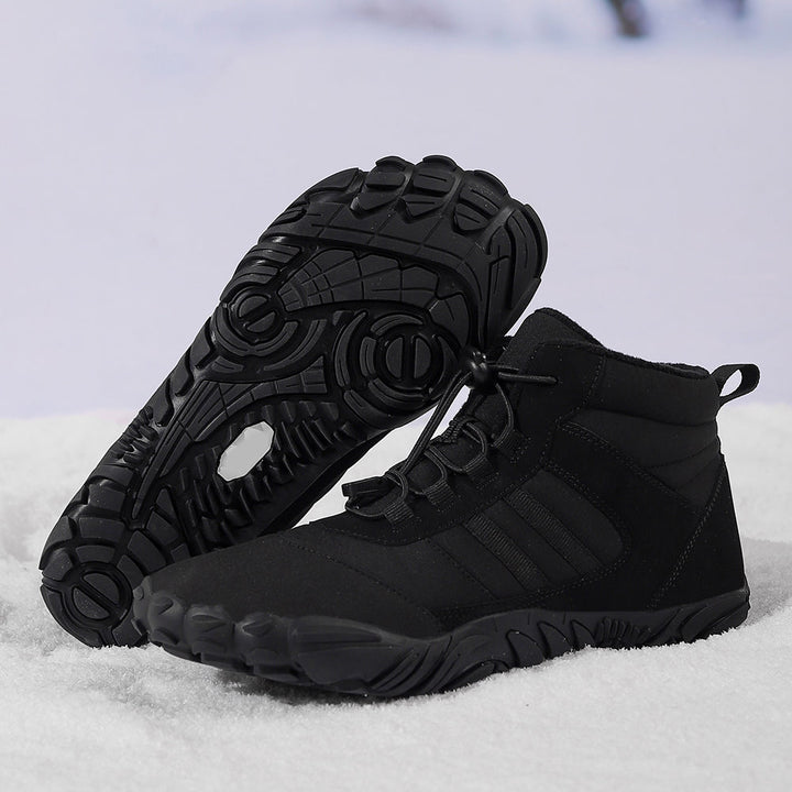 High-top lace-up barefoot boots with rounded toes and textured flat soles