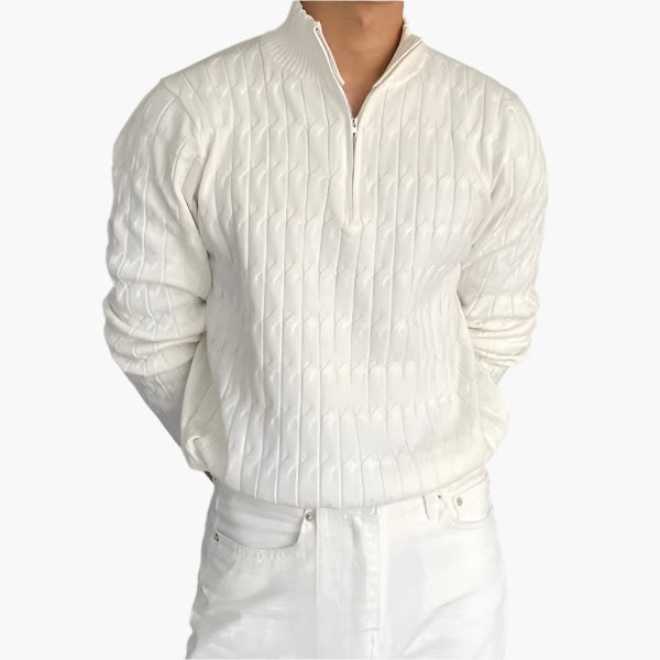 Unisex ribbed half-zip mock-neck sweater shown in white and black