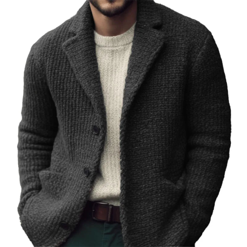 Men's textured button jacket with notch lapels and front patch pockets