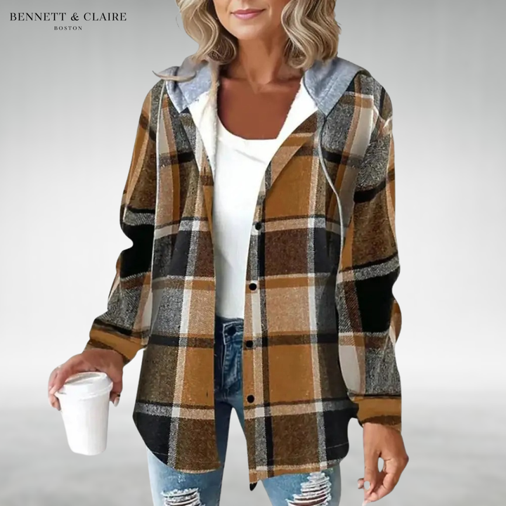 Women's checked hooded cardigan with long sleeves and button front