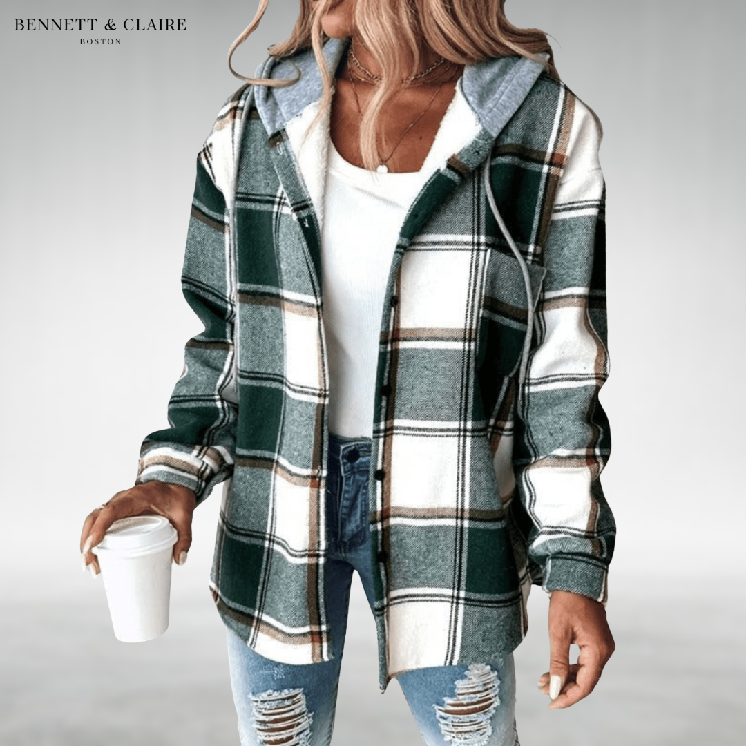 Women's checked hooded cardigan with long sleeves and button front