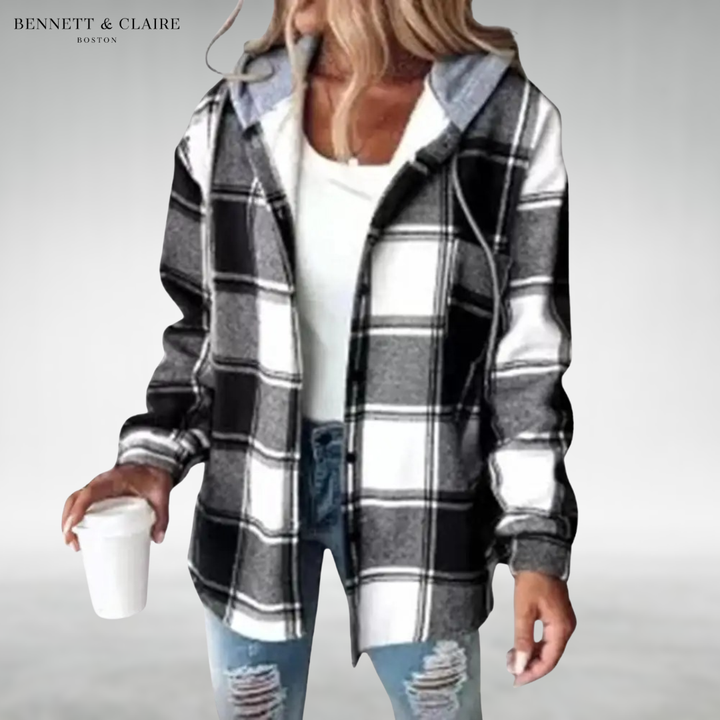 Women's checked hooded cardigan with long sleeves and button front