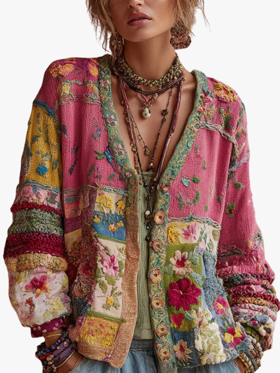 Women's pink floral patchwork cardigan with V-neckline and long sleeves