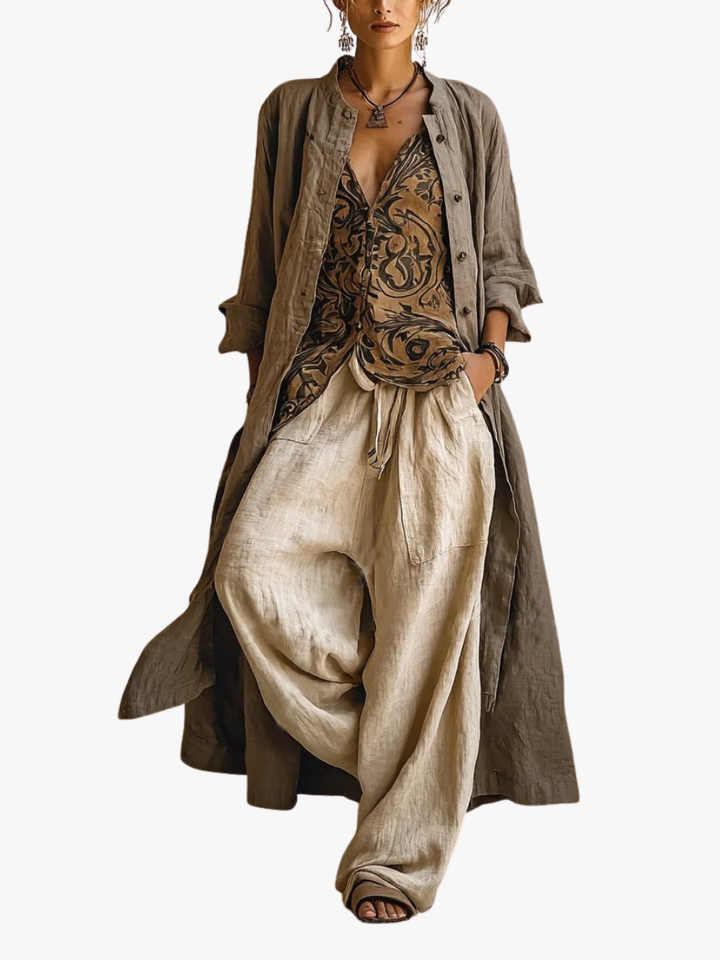 Women's Three-Piece Set, Patterned Vest Beige