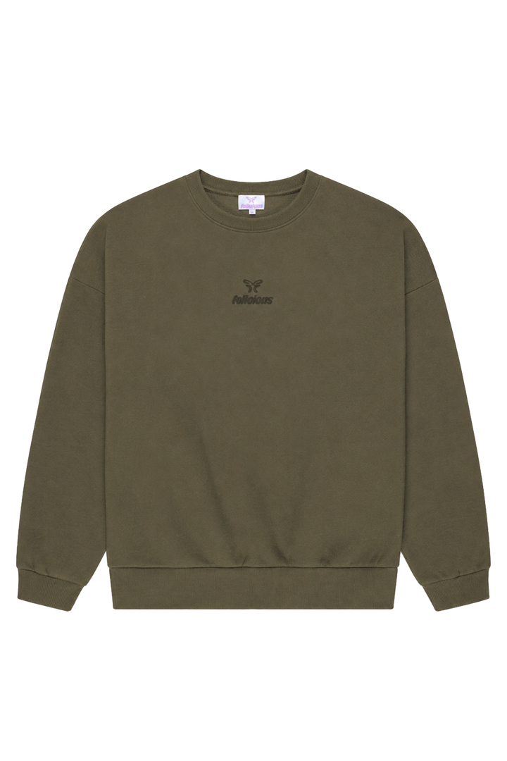 Women's green crewneck sweatshirt with tonal chest logo and ribbed trims