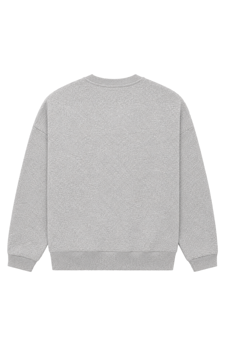 Women's light grey crewneck sweatshirt with pink chest logo and long sleeves