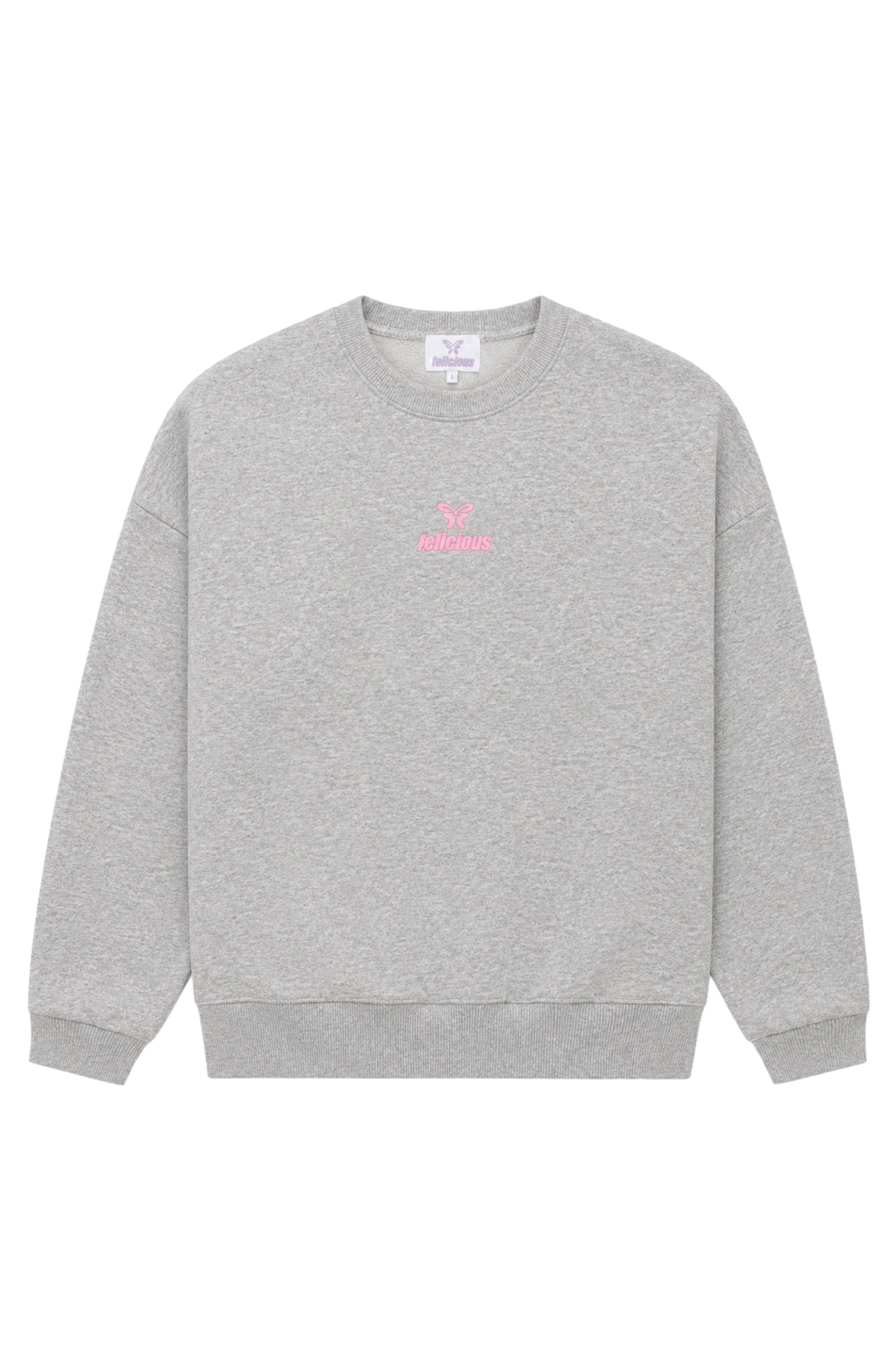 Women's light grey crewneck sweatshirt with pink chest logo and long sleeves