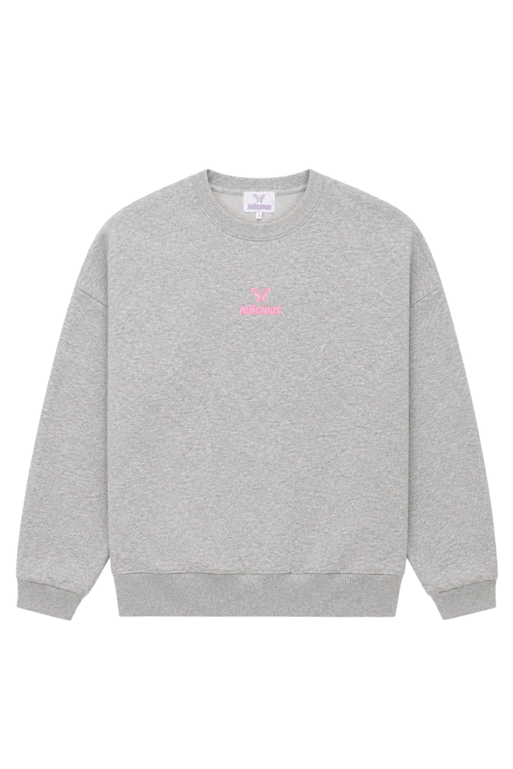 Women's light grey crewneck sweatshirt with pink chest logo and long sleeves