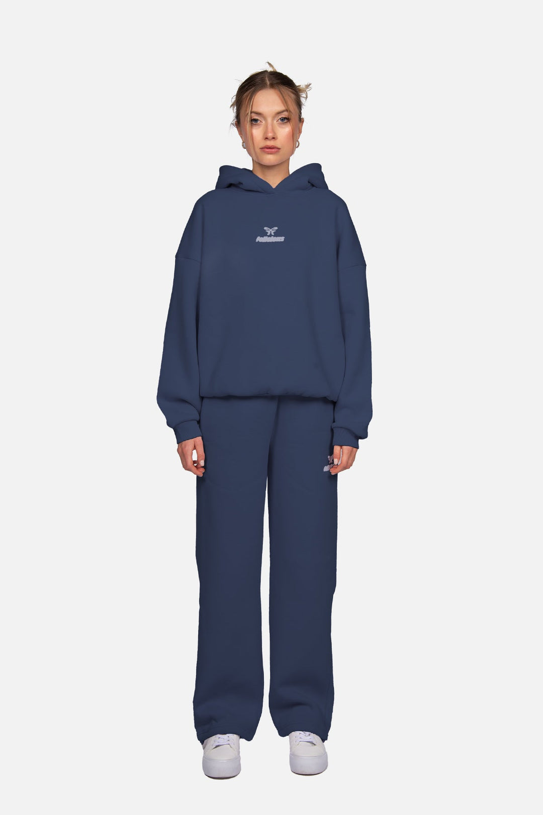 Women's navy hooded sweatshirt with long sleeves, ribbed trims and centre logo
