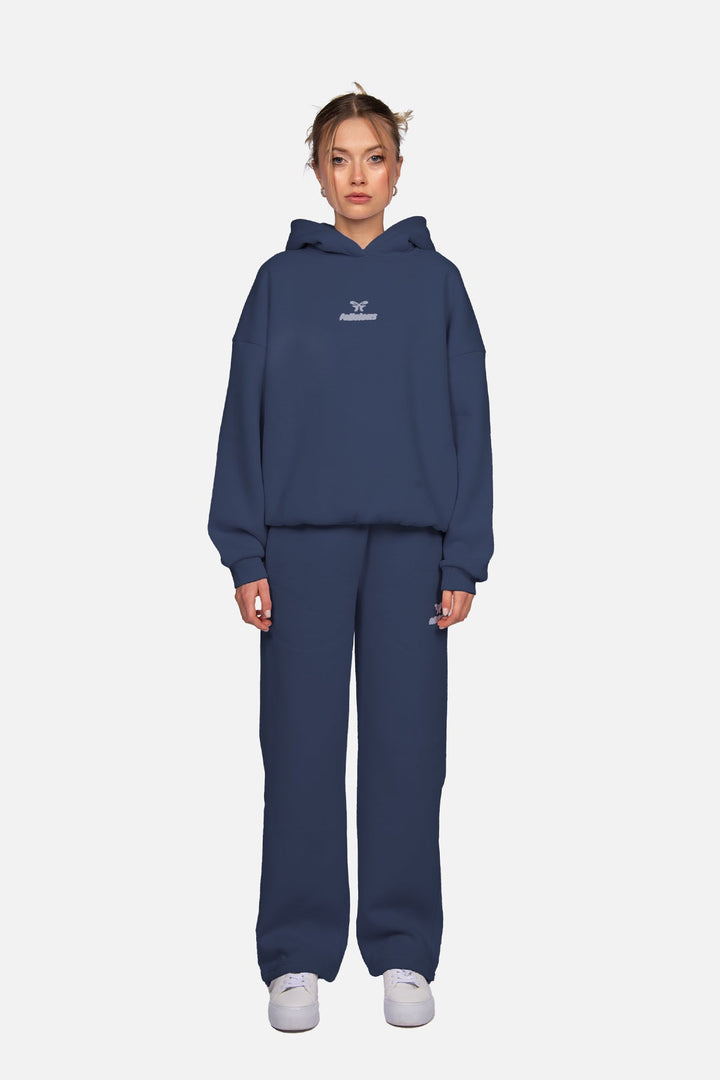 Women's navy hooded sweatshirt with long sleeves, ribbed trims and centre logo