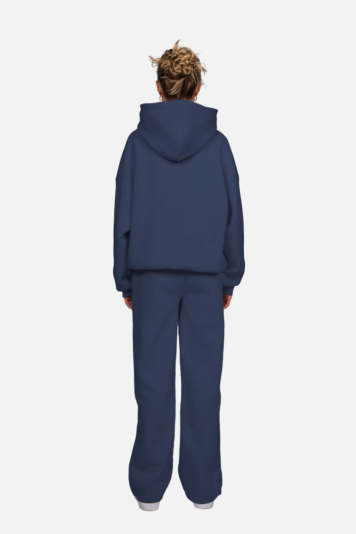 Women's navy hooded sweatshirt with long sleeves, ribbed trims and centre logo