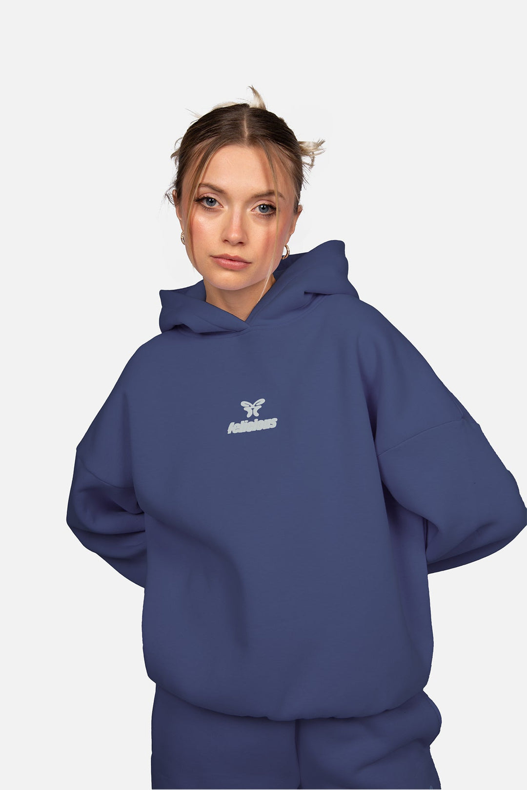 Women's navy hooded sweatshirt with long sleeves, ribbed trims and centre logo