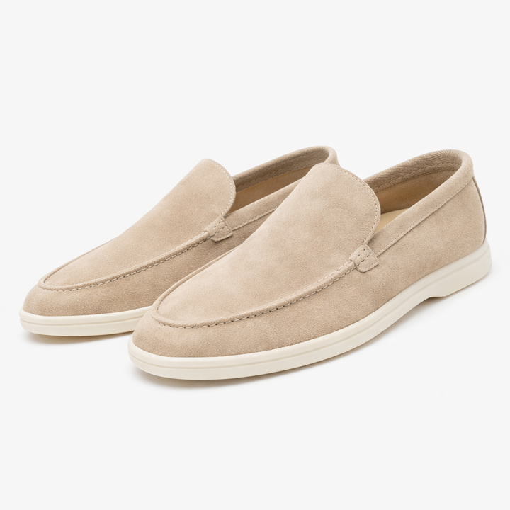 Como suede slip-on loafer in burgundy and beige with cream sole
