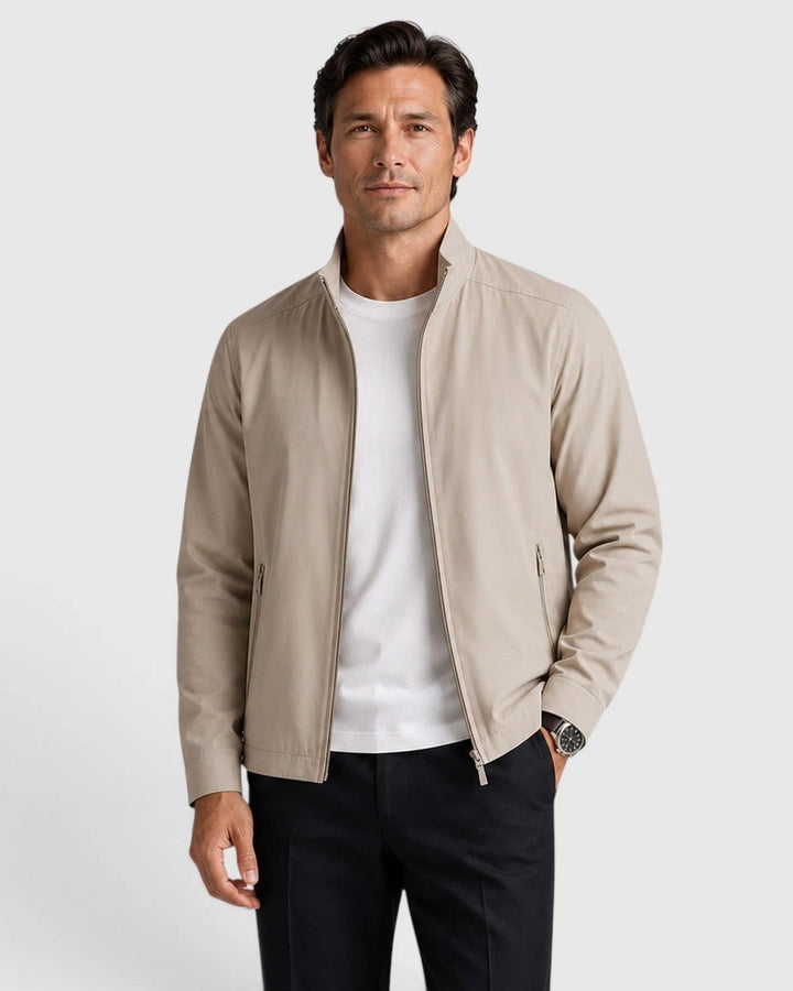 Men's stand collar zip jacket with long sleeves and zipped pockets