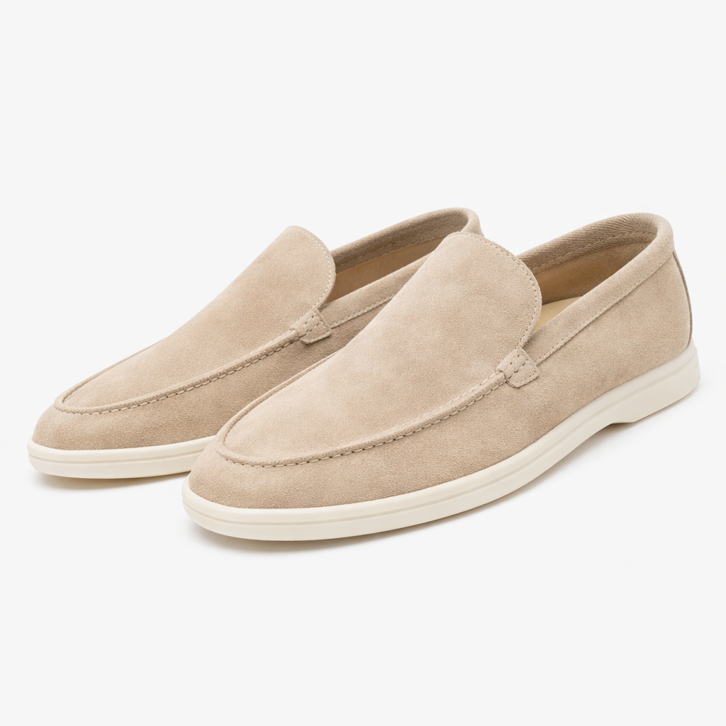 Men's burgundy Como loafer with cream sole and moccasin stitching, shown from the side