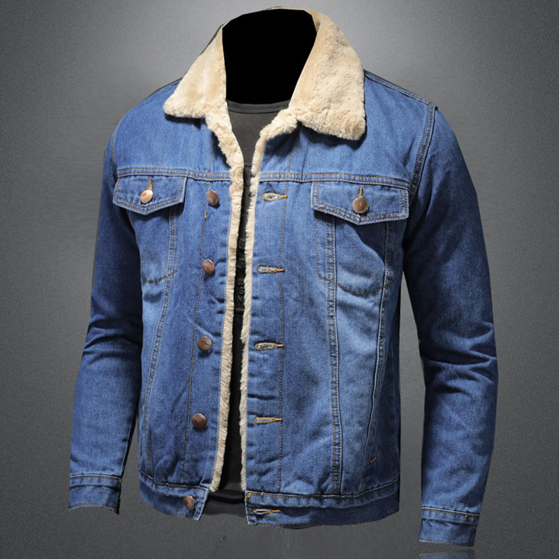 Men's blue denim-style jacket with sherpa collar, long sleeves and button front