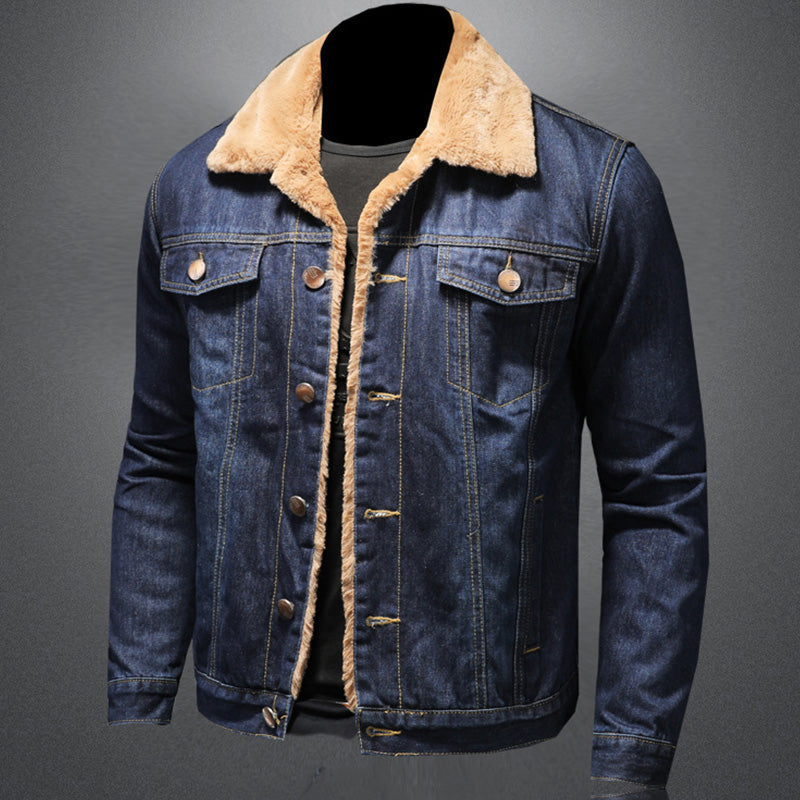 Men's blue denim-style jacket with sherpa collar, long sleeves and button front