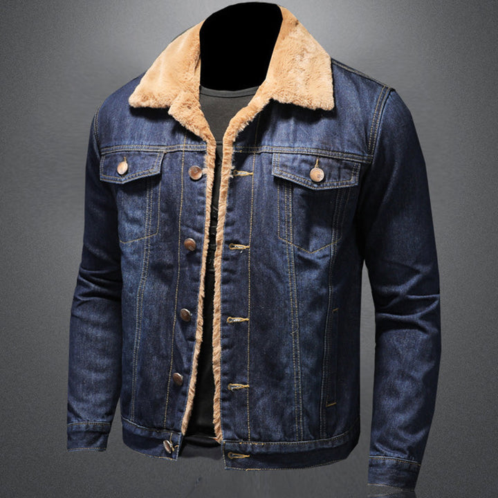Men's blue denim-style jacket with sherpa collar, long sleeves and button front